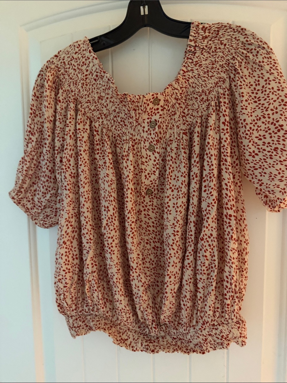 Easel Red and Cream Peasant Blouse Smocked with Rusty Red  Dot Floral Print NWT